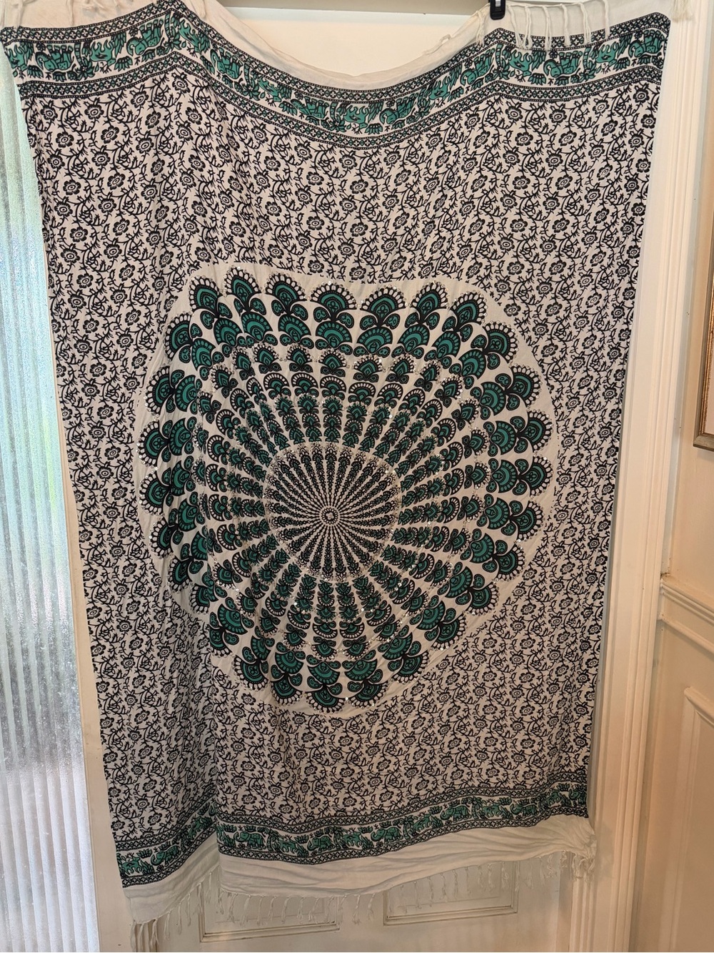 Bohemian Teal Black Mandala oversized scarf with silver sequin detail  tassels